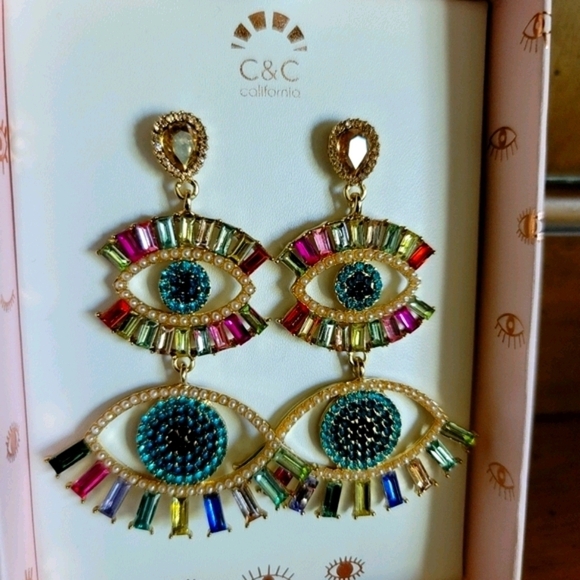 New C & C California Earrings Evil Eye Colored Jewel Rhinestone Dangle - Picture 2 of 7
